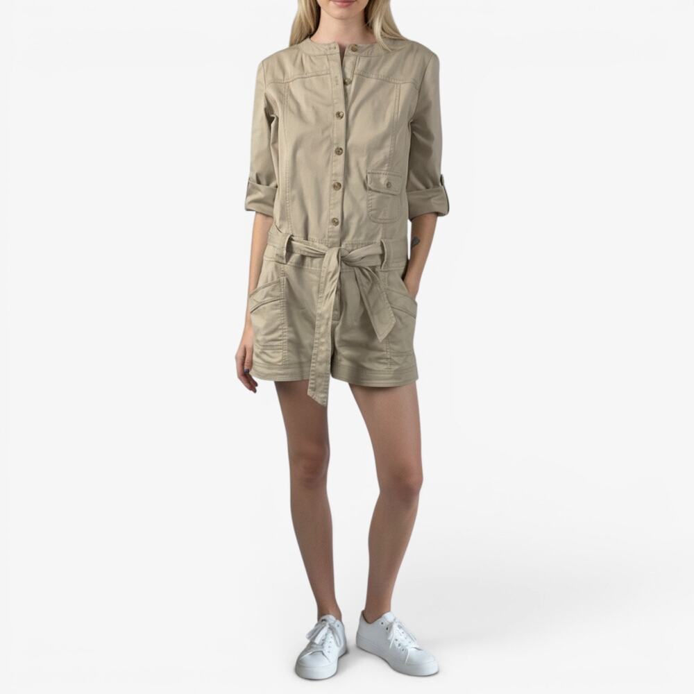 2000s Khaki Beige Tan Cotton Safari Utility Romper Shorts Playsuit Size Medium
